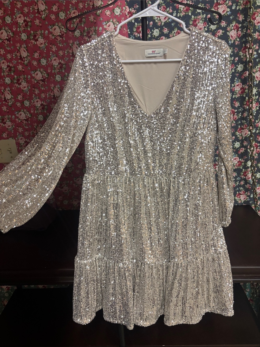 Sequin V-Neck Tiered Long Sleeve Dress - Silver